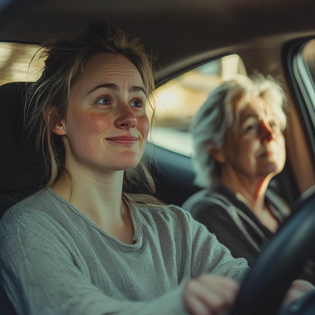 Uma mulher dirigindo um carro com a sogra no banco do passageiro | Fonte: Midjourney