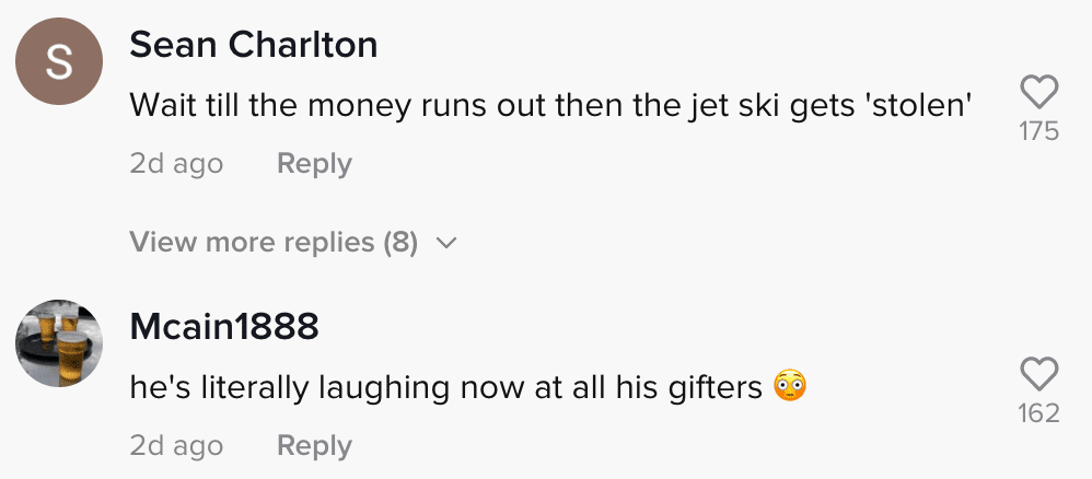 Online community members respond to a TikToker on a jet-ski that was allegedly bought using money from GoFundMe donations to repair their home | Photo: TikTok/thesmithyfamily