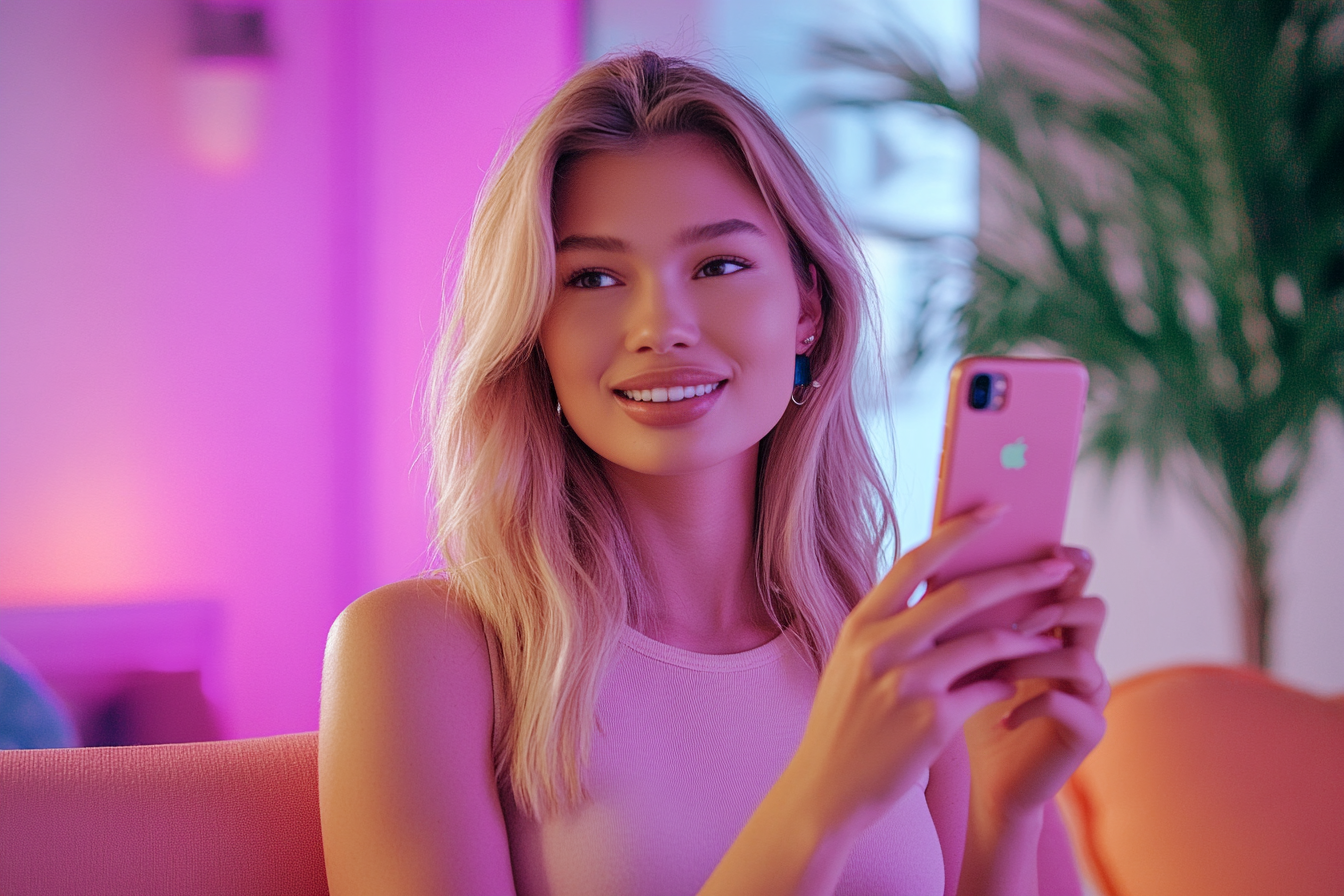 A woman smiling while using her phone | Source: Midjourney