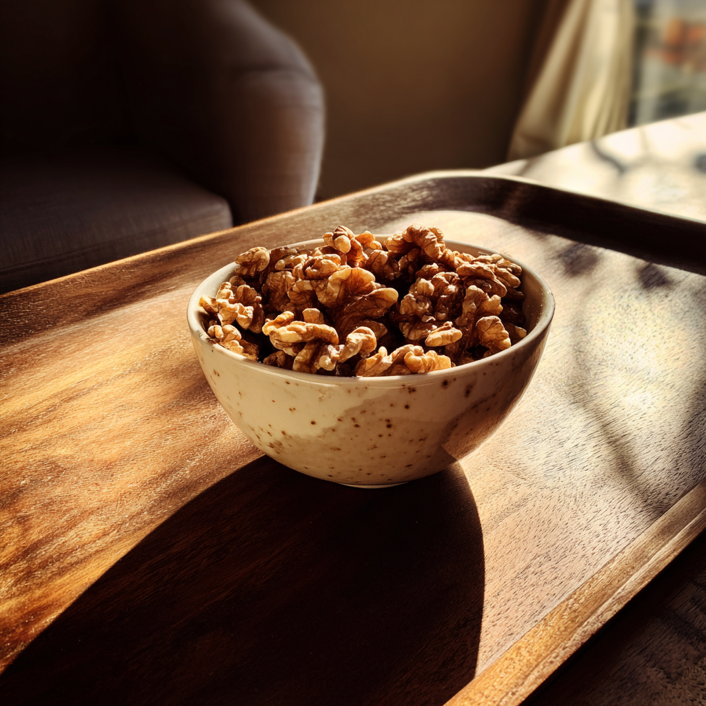 A bowl of walnuts on a table | Source: Midjourney