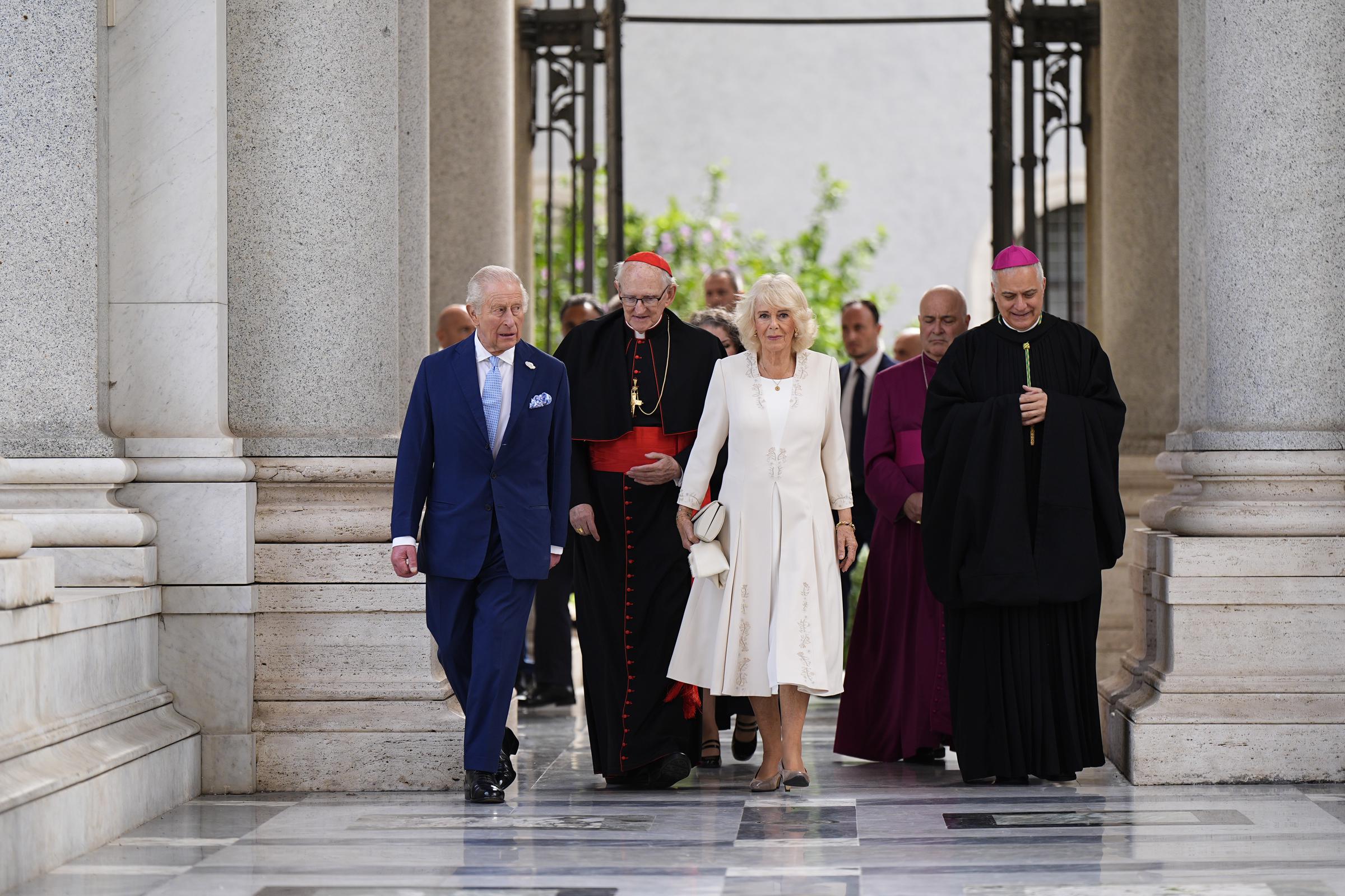King Charles III and Queen Camilla arrive for a visit to the Papal Basilica and Abbey of St Paul's Outside the Walls, in recognition of the King becoming 'Royal Confrater' of the Abbey in Rome on October 23, 2025 in Rome, Italy | Source: Getty Images