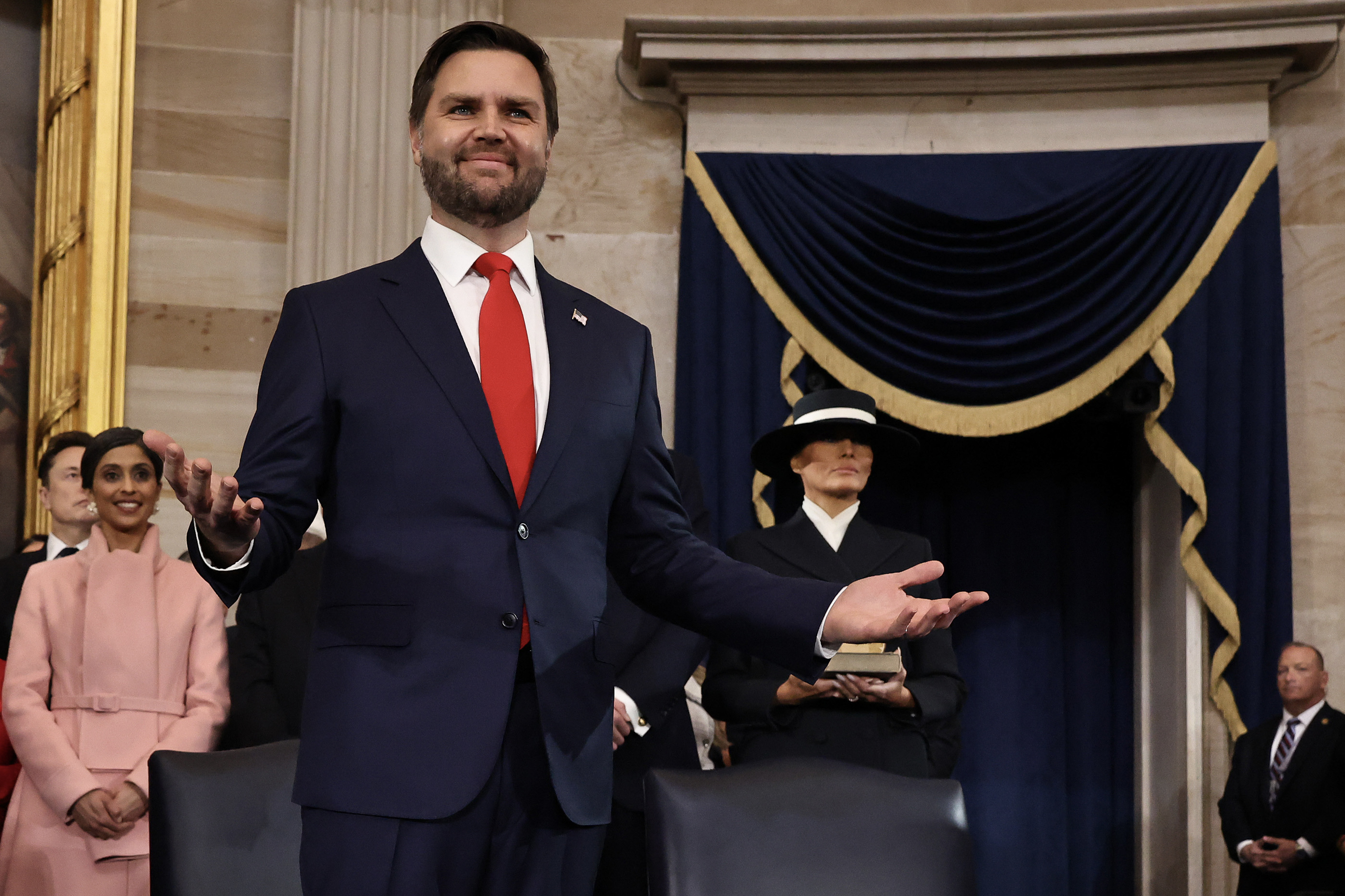 Vice President J.D. Vance stands with Usha Vance during the inauguration of Donald J. Trump on January 20, 2025 | Source: Getty Images