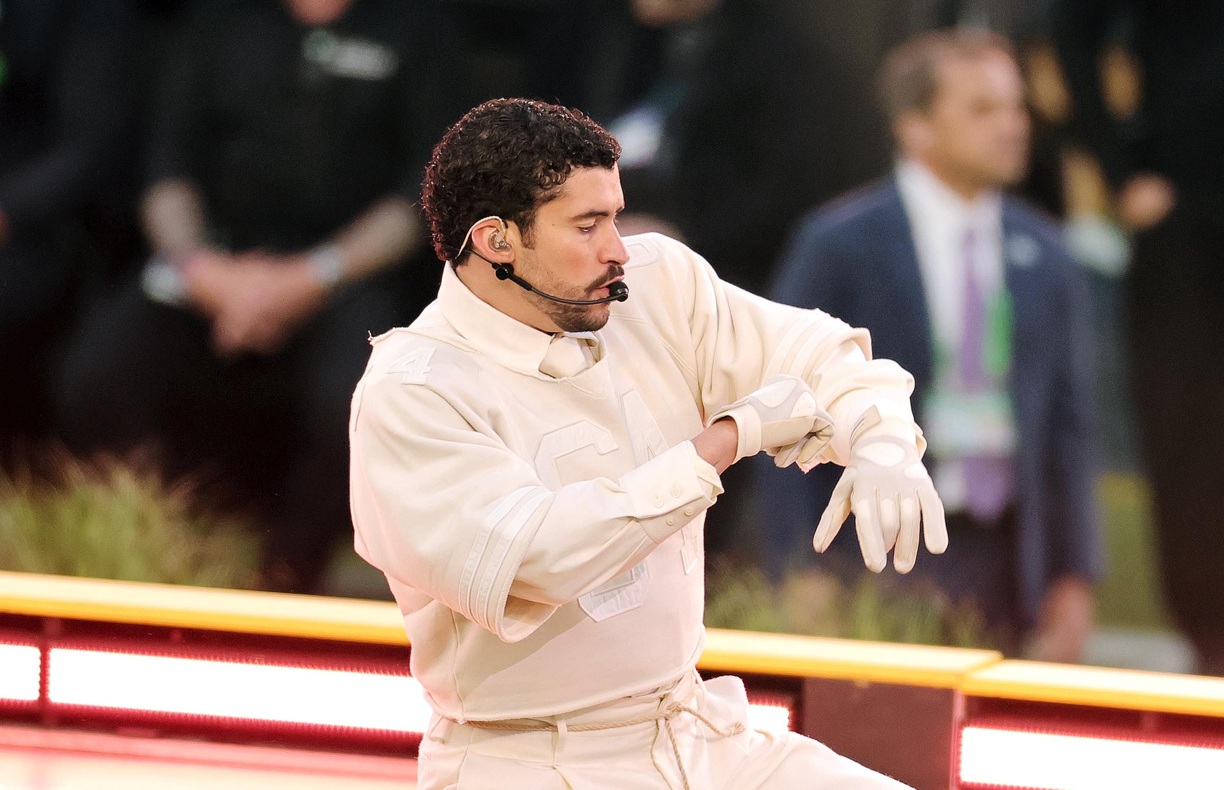 Bad Bunny performs onstage during the Apple Music Super Bowl LX Halftime Show at Levi's Stadium on February 8, 2026 | Source: Getty Images