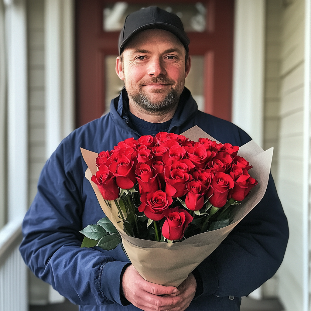 A delivery man holding a bouquet of roses | Source: Midjourney