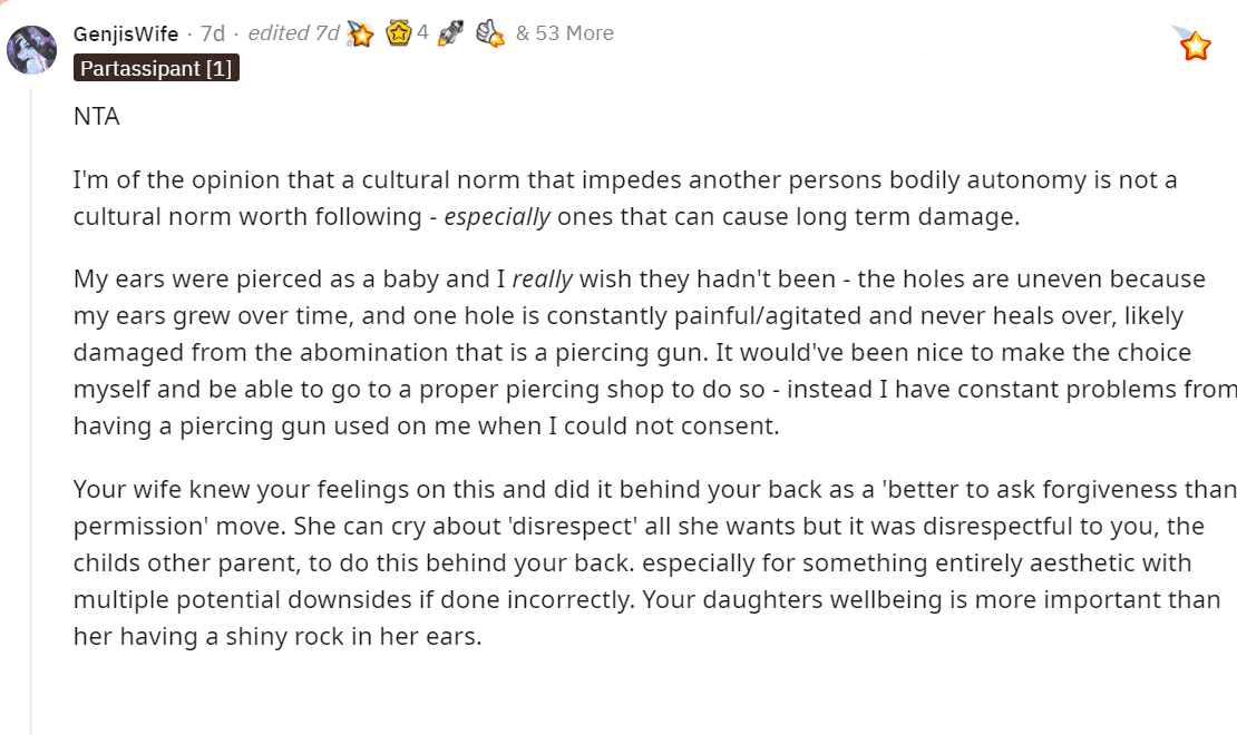 A user's comment on the story of a father furious about his daughter's piercing. | Photo: r/AmItheAsshole