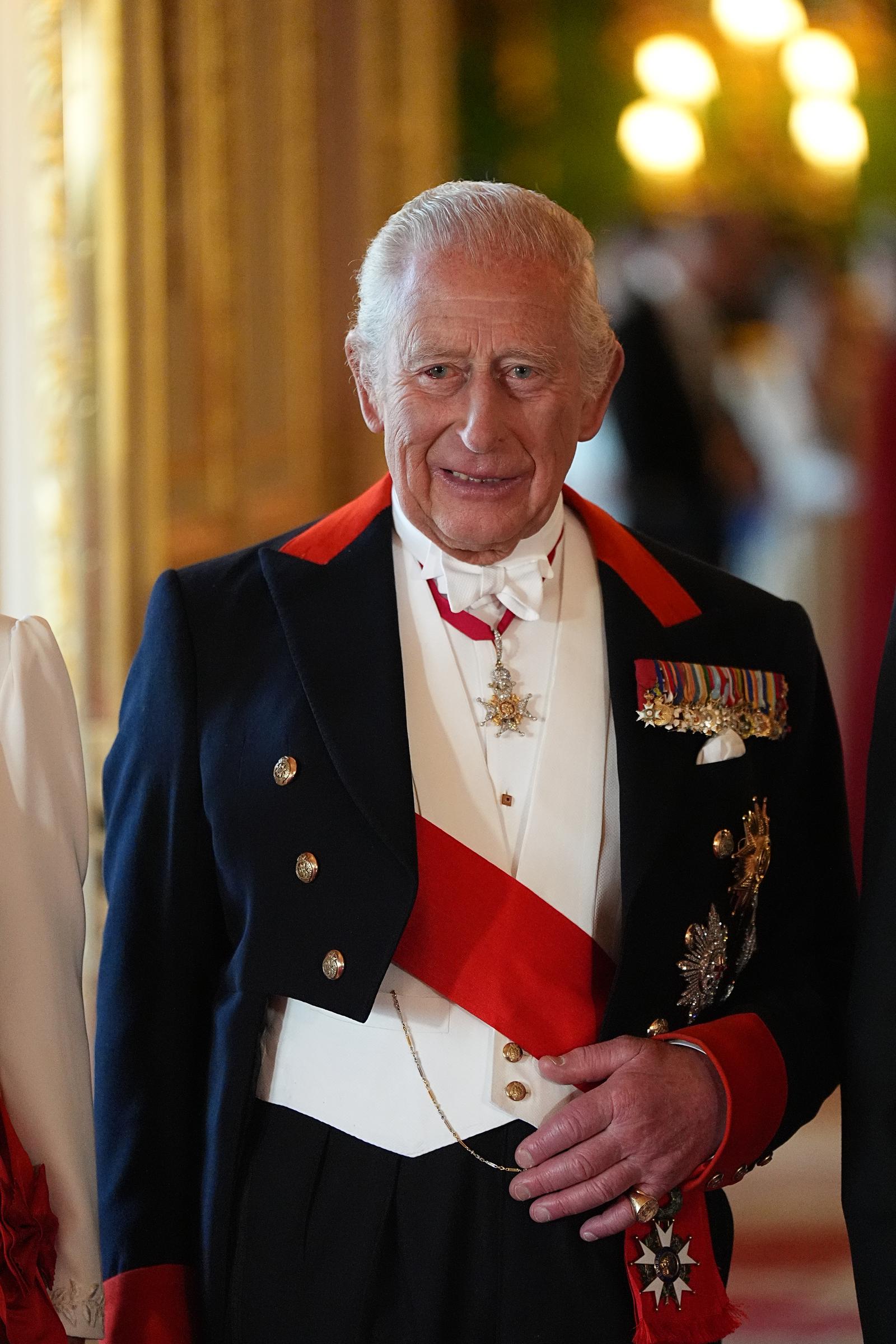 King Charles III arriving for the State Banquet for Emmanuel and Brigitte Macron at Windsor Castle on July 8, 2025, in England. | Source: Getty Images