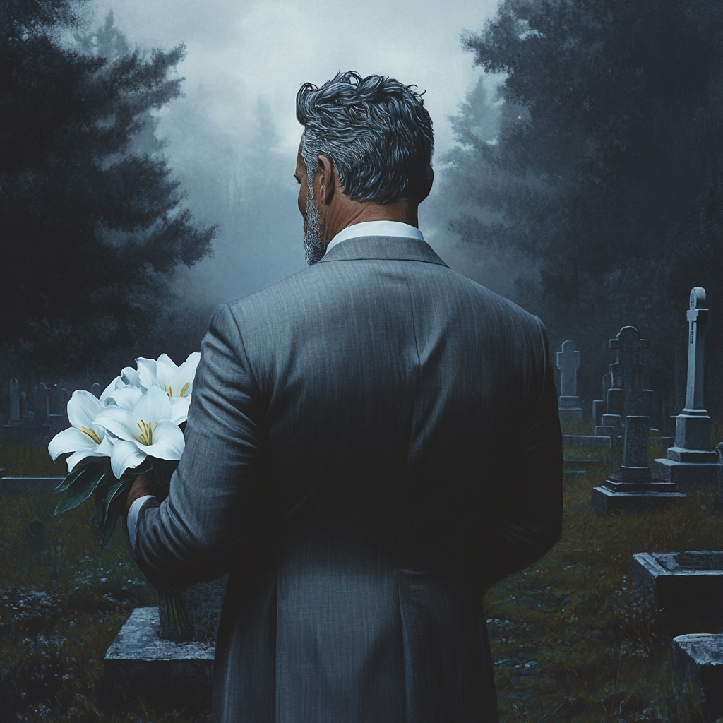 A grieving man in a cemetery | Source: Midjourney