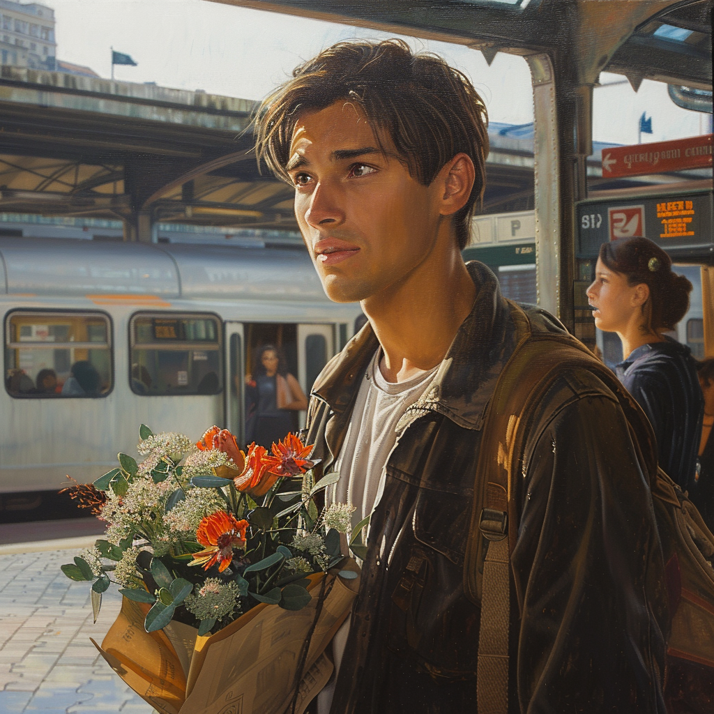 A surprised young man carrying a bouquet of flowers | Source: Midjourney