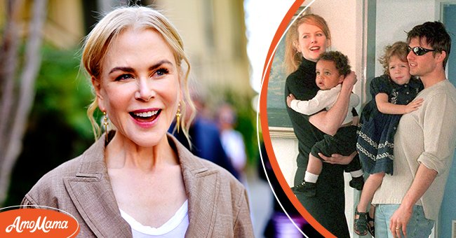 Nicole Kidman at the 7th Annual Gold Meets Golden on January 04, 2020, in Los Angeles [left], Nicole Kidman and Tom Cruise with their children Connor and Isabella in Sydney on January 24, 1996 [right] | Source: Getty Images