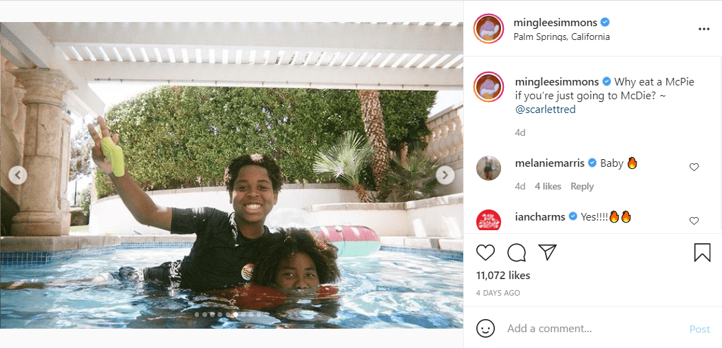 A screenshot of a post featuring Ming Lee Simmon's brothers Kenzo and Gary playing in a pool. | Source: Instagram.com/mingleesimmons 