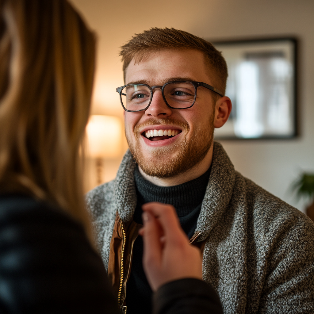 A man seems enthusiastic while talking to his wife | Source: Midjourney