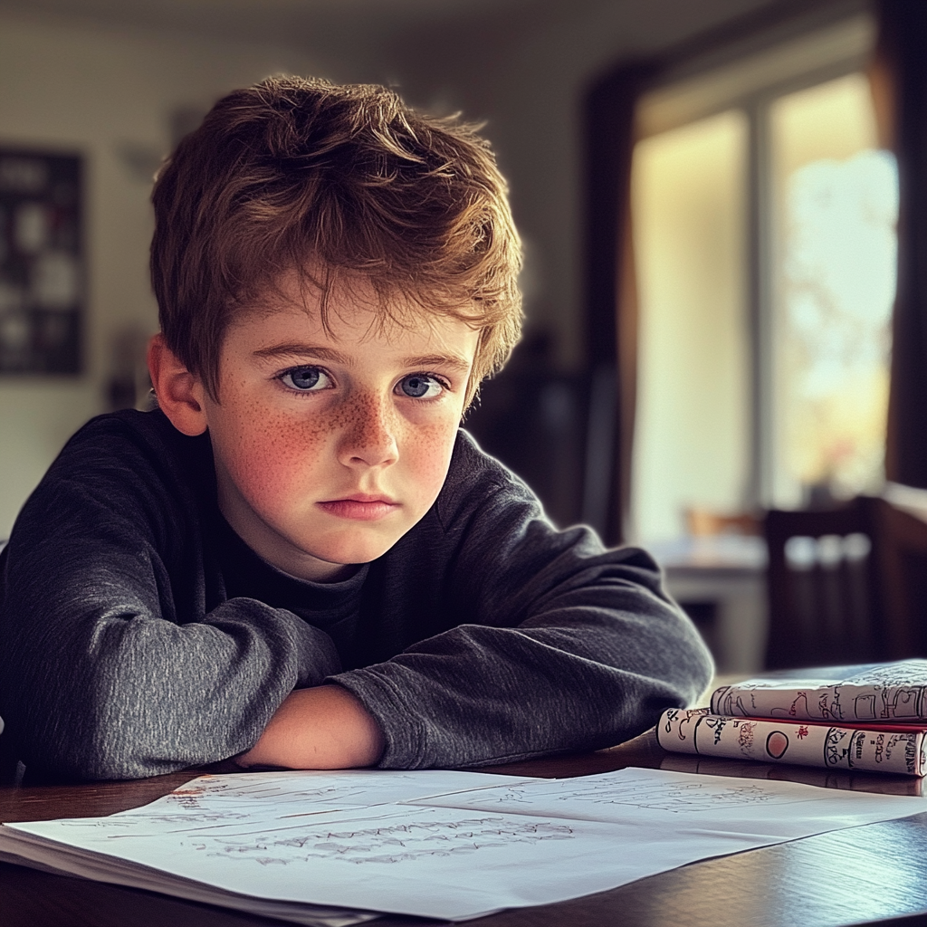 A little boy sitting with folded arms | Source: Midjourney