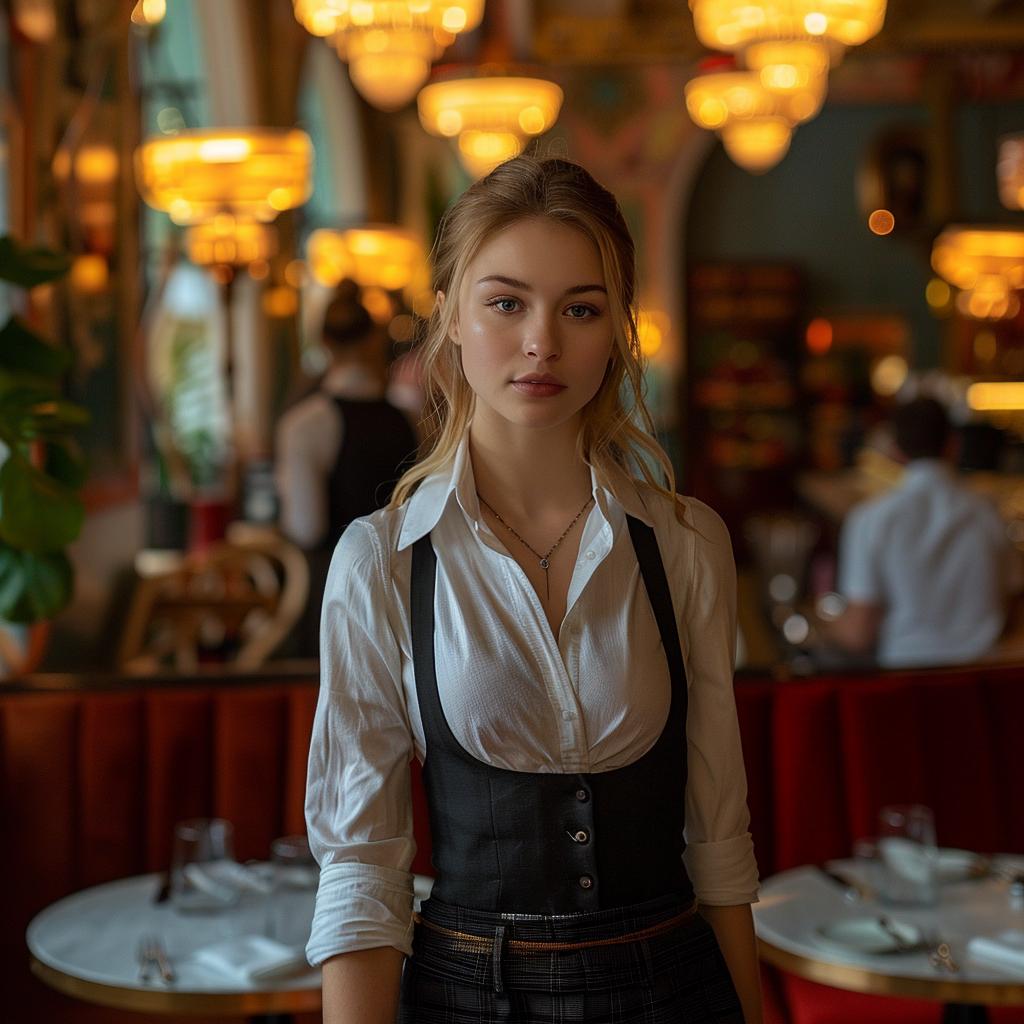 A restaurant hostess standing and overhearing a conversation | Source: Midjourney