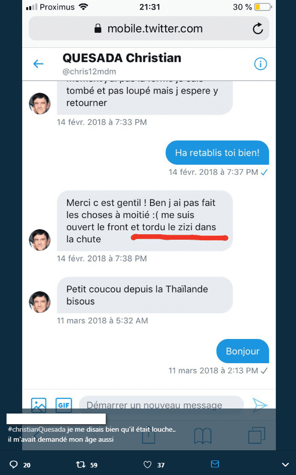 Capture d'écran du tchat de Chistian Quesada avec une utilisateur Twitter nommée Wivine. Twitter/Wiviiine