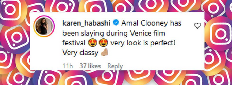 A fan comments on Amal Clooneys style at the Venice Film Festival, from an Instagram slideshow of pictures, dated September 2, 2024 | Source: Instagram/justjared/