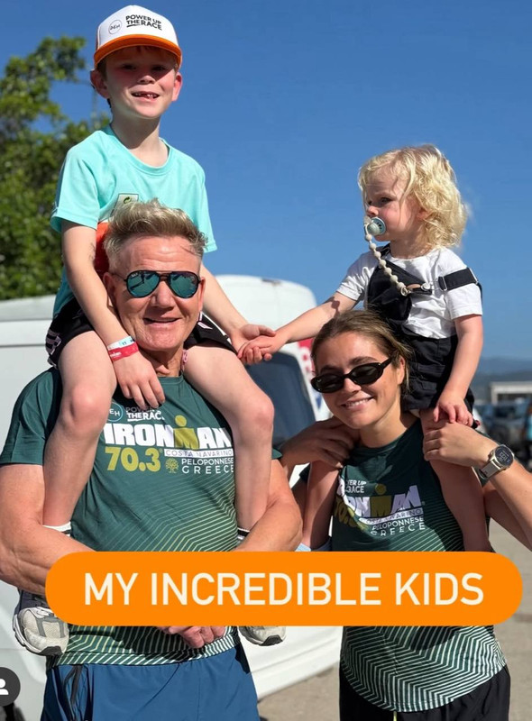 Under the title "MY INCREDIBLE KIDS," Gordon Ramsay shared a sun-drenched family photo during what appeared to be a sporting event. Dressed in Ironman Greece race gear, the chef balanced one child on his shoulders while another perched on a companion’s arm. The casual shot captured a rare off-duty family moment filled with joy, sun, and matching green kits. | Source: Instagram/gordongram