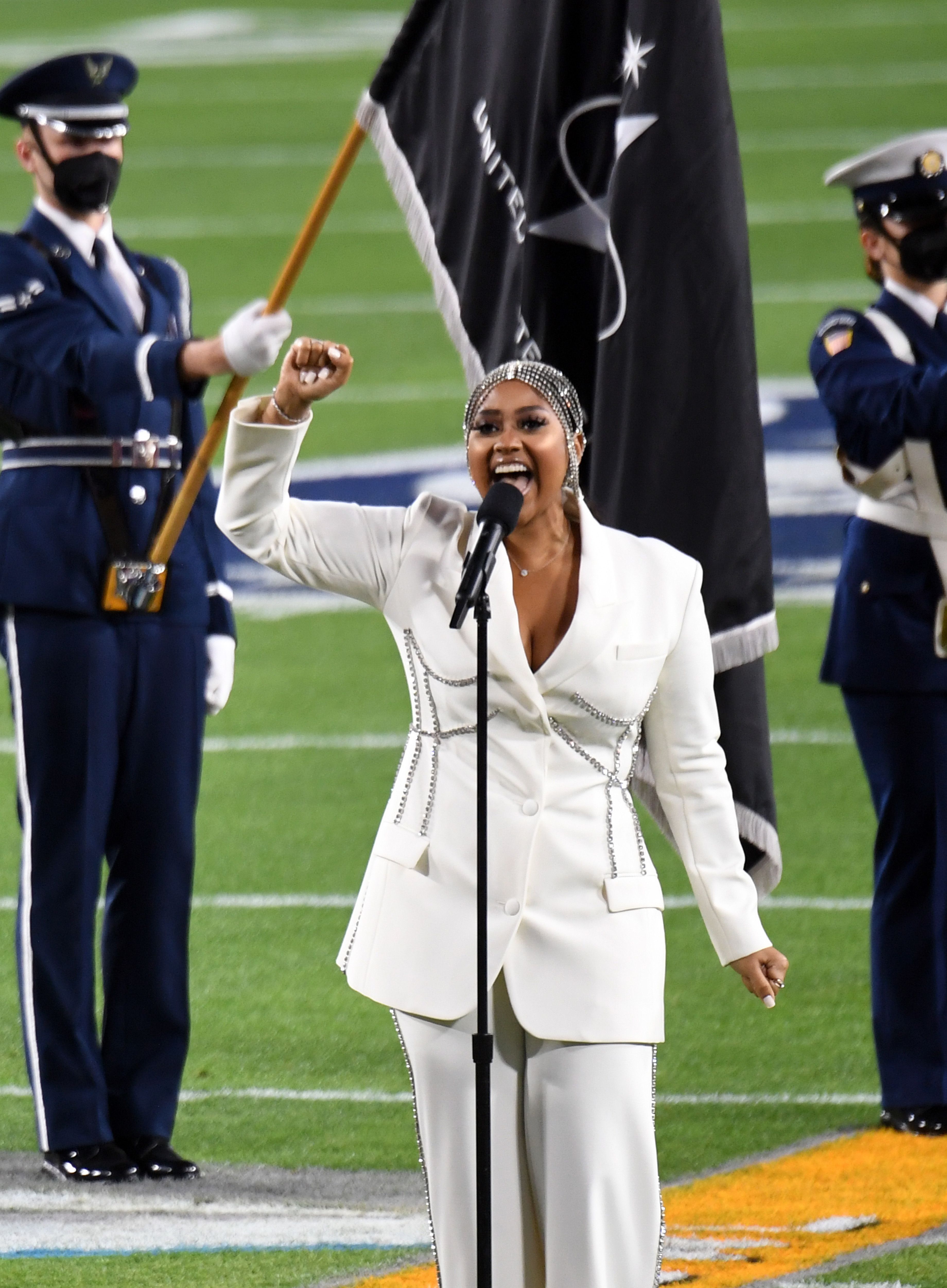 Jazmine Sullivan performs atthe Super Bowl LV Pregame on February 07, 2021 in Tampa, Florida | Source: Getty Images