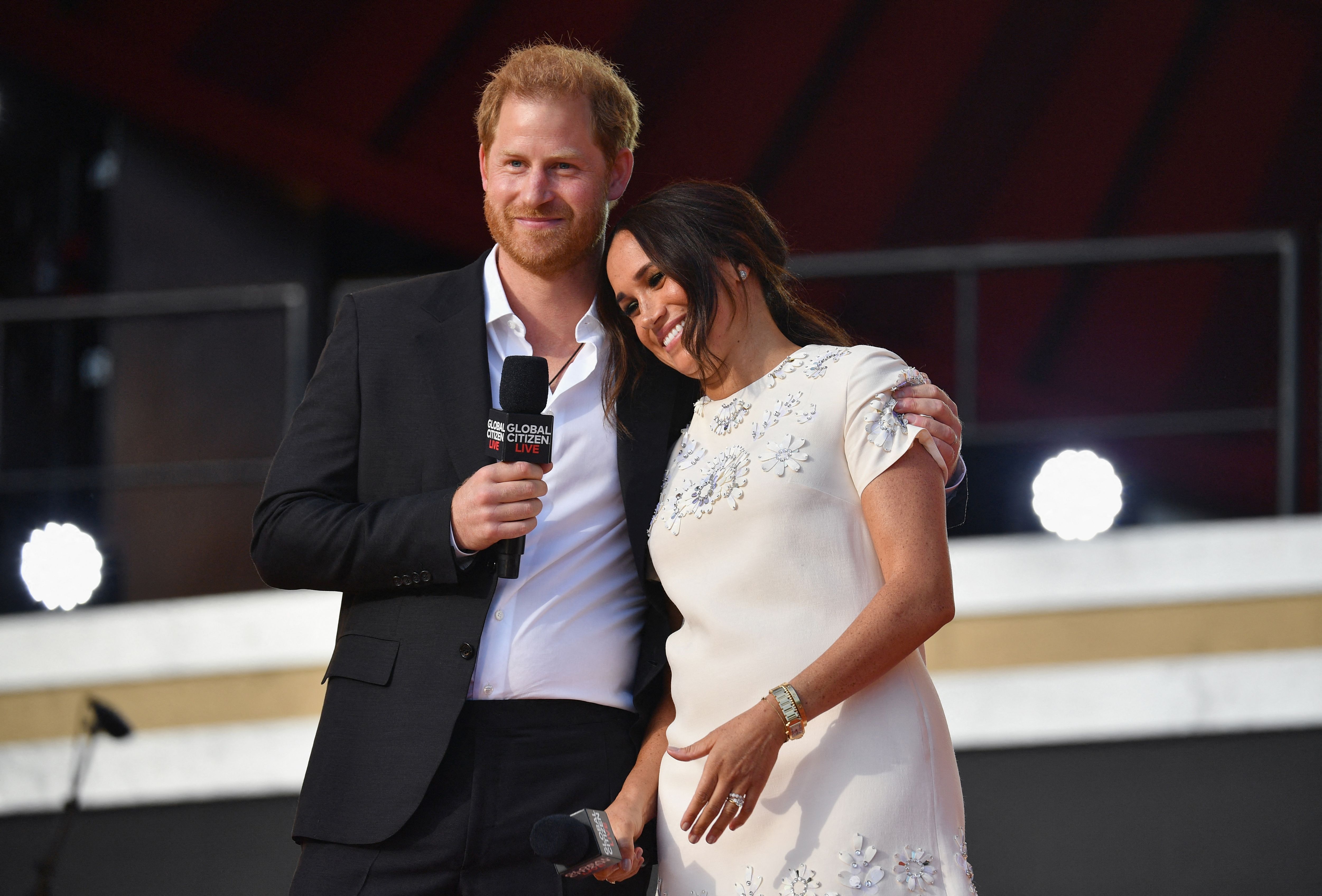 Prince Harry, Duke of Sussex and Meghan Markle, Duchess of Sussex speak during the Global Citizen Live festival in New York City, on September 25, 2021. | Source: Getty Images