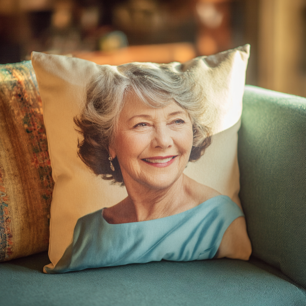 A customized pillow bearing an older woman's printed picture | Source: Midjourney