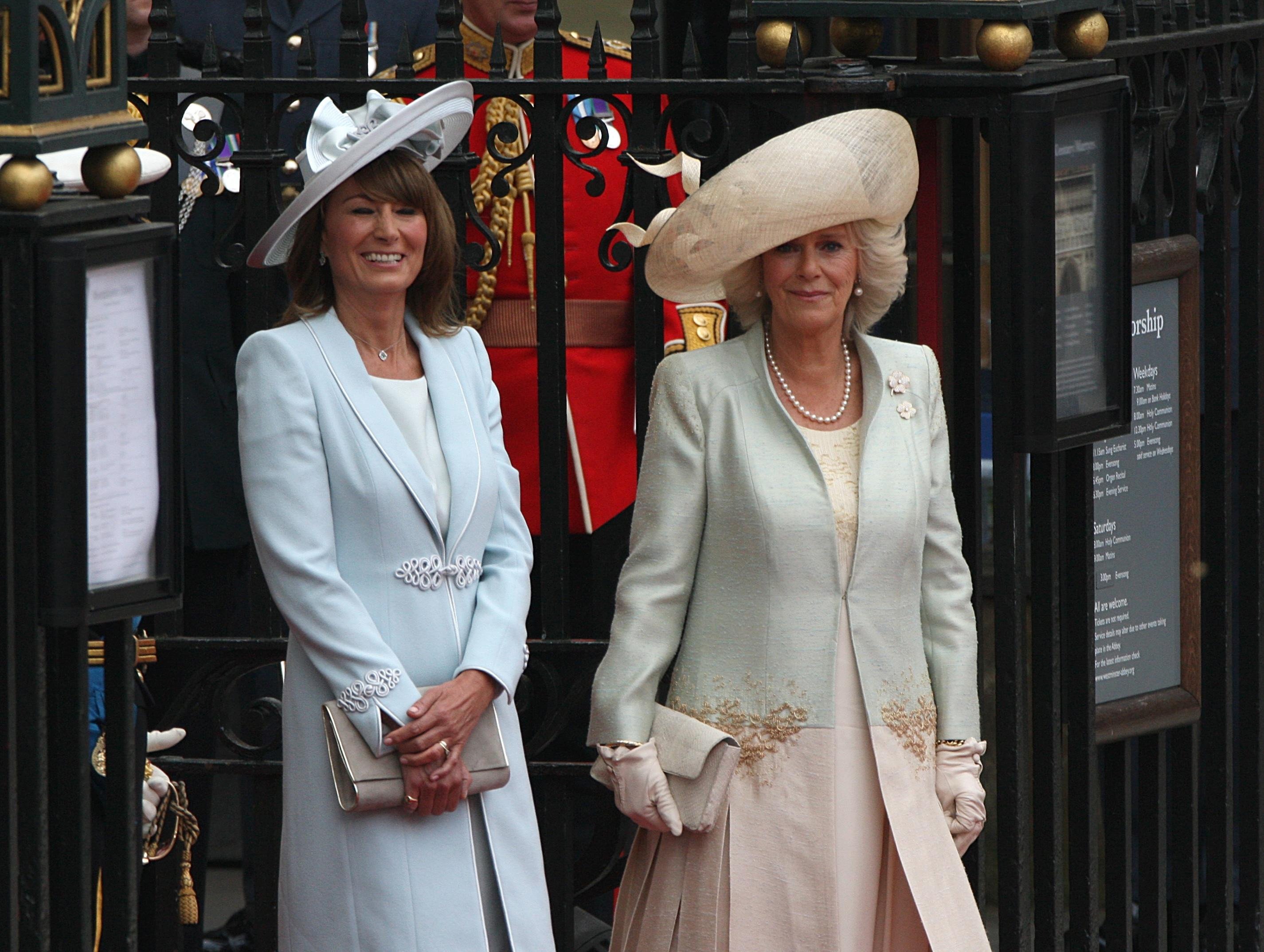 Carole Middleton and Duchess Camilla leave Westminster Abbey after the wedding between Prince William and Kate Middleton on April 29, 2011 | Source: Getty Images