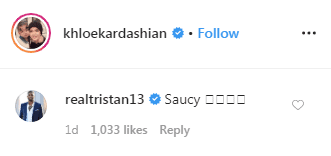Tristan Thompson leaves a flirty comment to a picture Khloé Kardashian posted on social media on March 2, 2020. | Source: Instagram/khloekardashian.