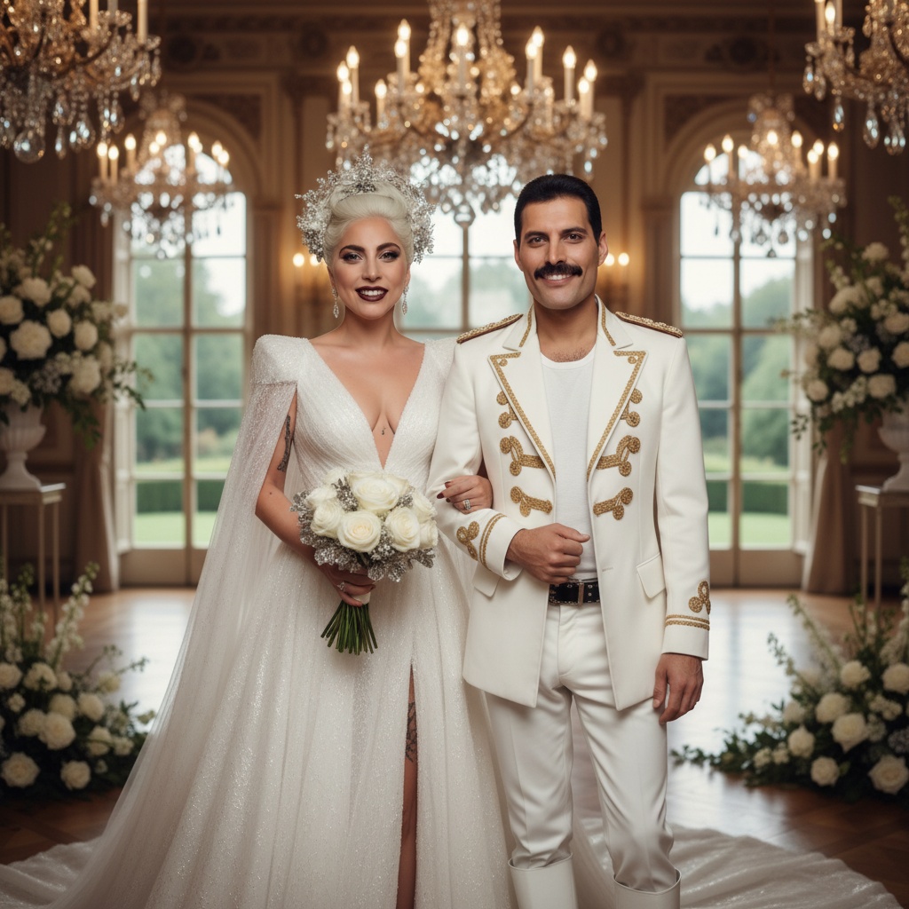 Lady Gaga and Freddie Mercury are romantic at their imaginary wedding | Source: Grok AI