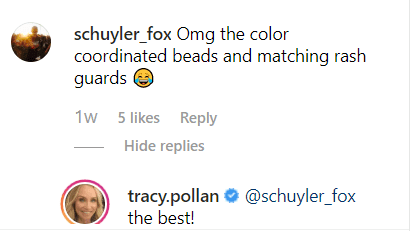 Schuyler Fox's comment on Tracy Pollan's Instagram post. | Source: Instagram/tracypollan