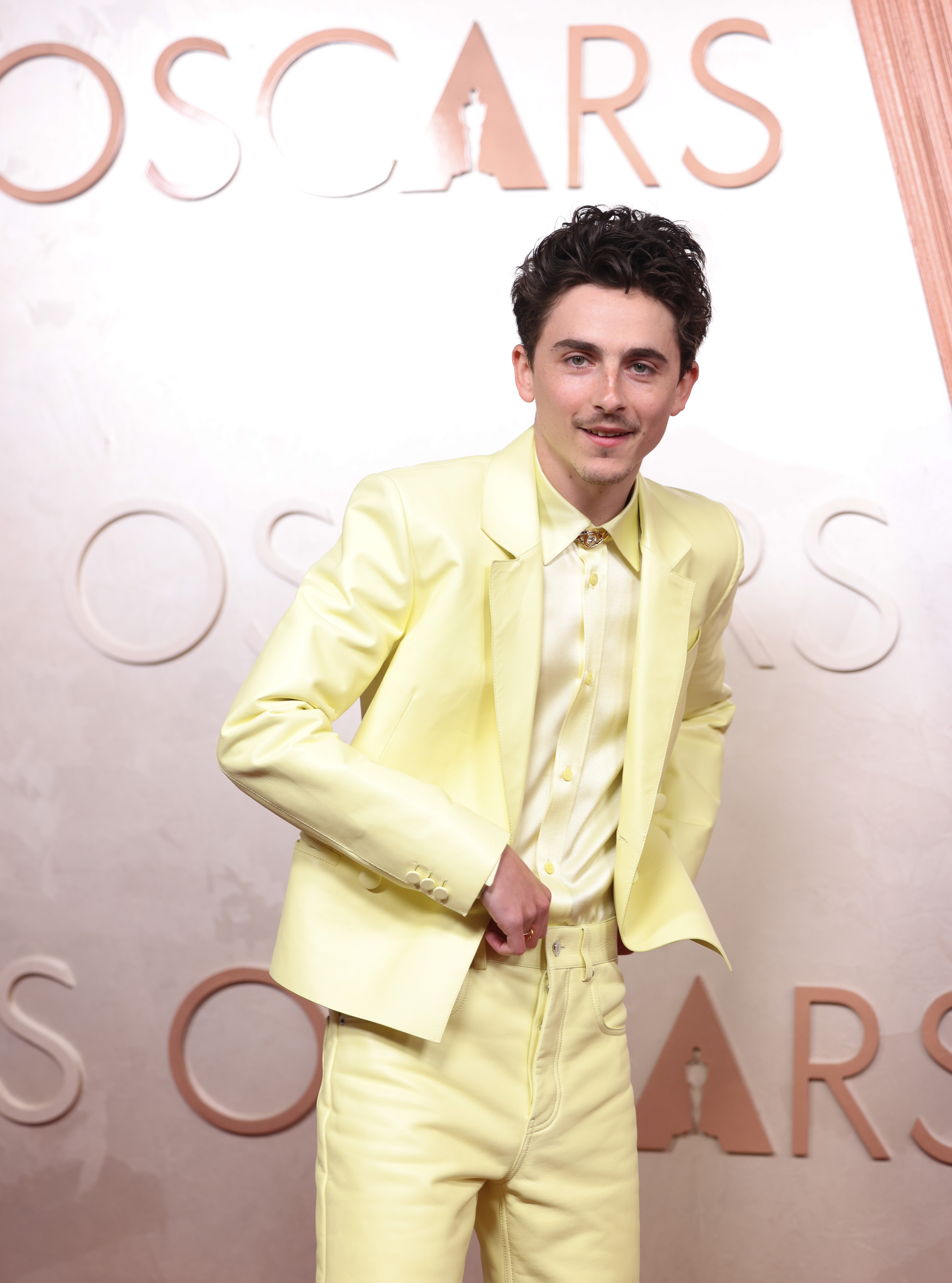 Timothée Chalamet wore an all-yellow look to the prestigious event, styling his hair upward and away from his face at the 97th Oscars, held at the Dolby Theatre on March 2, 2025, in Hollywood, California.