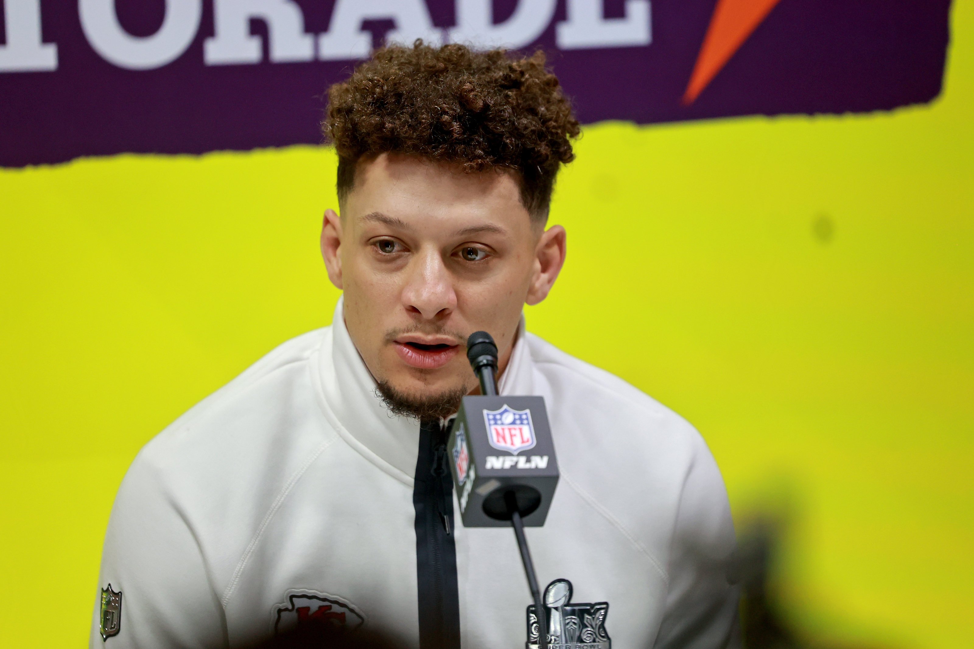 Kansas City Chiefs quarterback Patrick Mahomes answers questions from the media in New Orleans, Louisiana on February 3, 2025. | Source: Getty Images