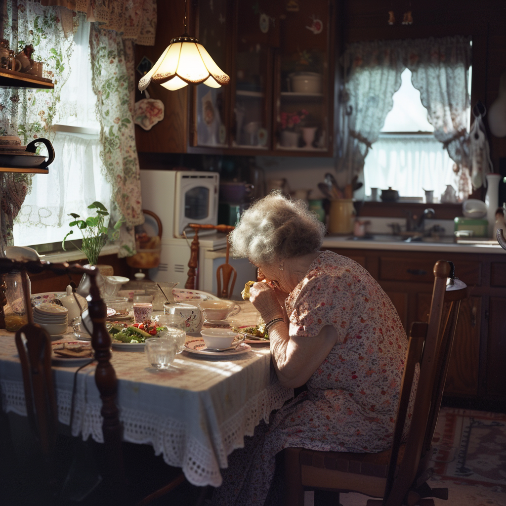 An old woman sitting at a table | Source: Midjourney