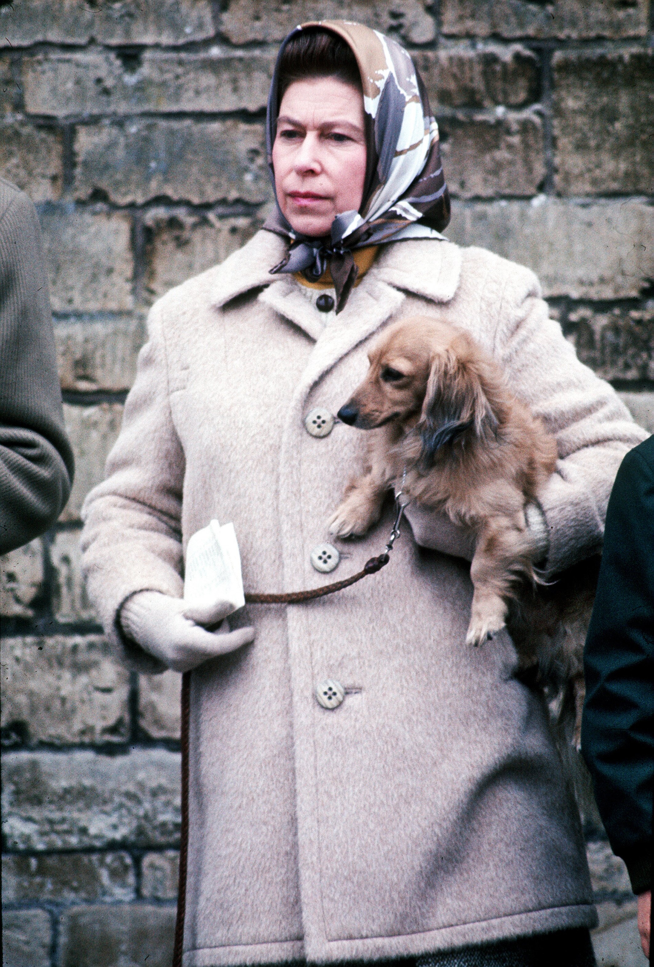 Queen Elizabeth II pictured with one of her favorite dogs at the Badminton Horse Trials in April 1976 | Source: Getty Images