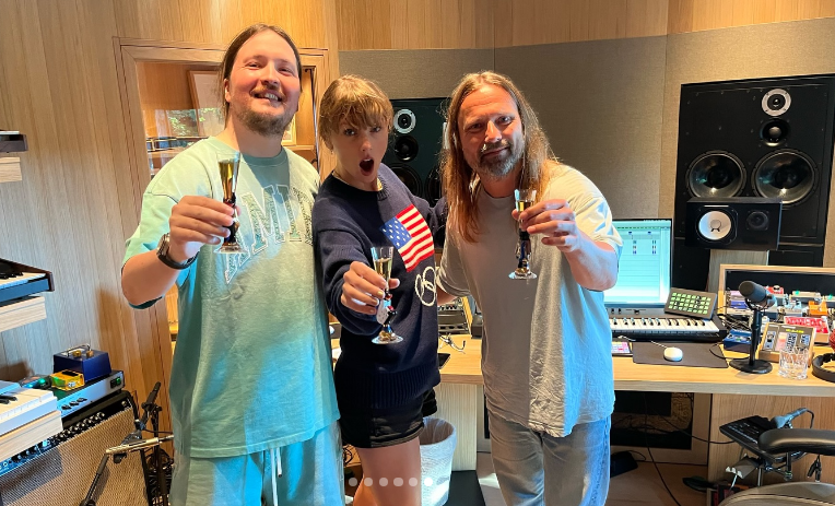 Taylor Swift, Max Martin, and Shellback celebrating "Opalite" on a post February 23, 2026 | Source: Instagram/taylorswift