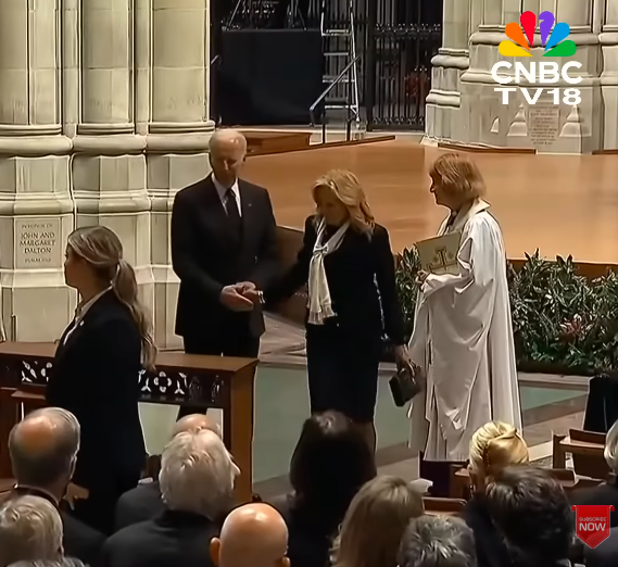 Former U.S. President Joe Biden and former U.S. First Lady Dr. Jill Biden arrive at the funeral and are ushered to their seats in the cathedral, posted on November 20, 2025. | Source: YouTube/CNBC-TV18