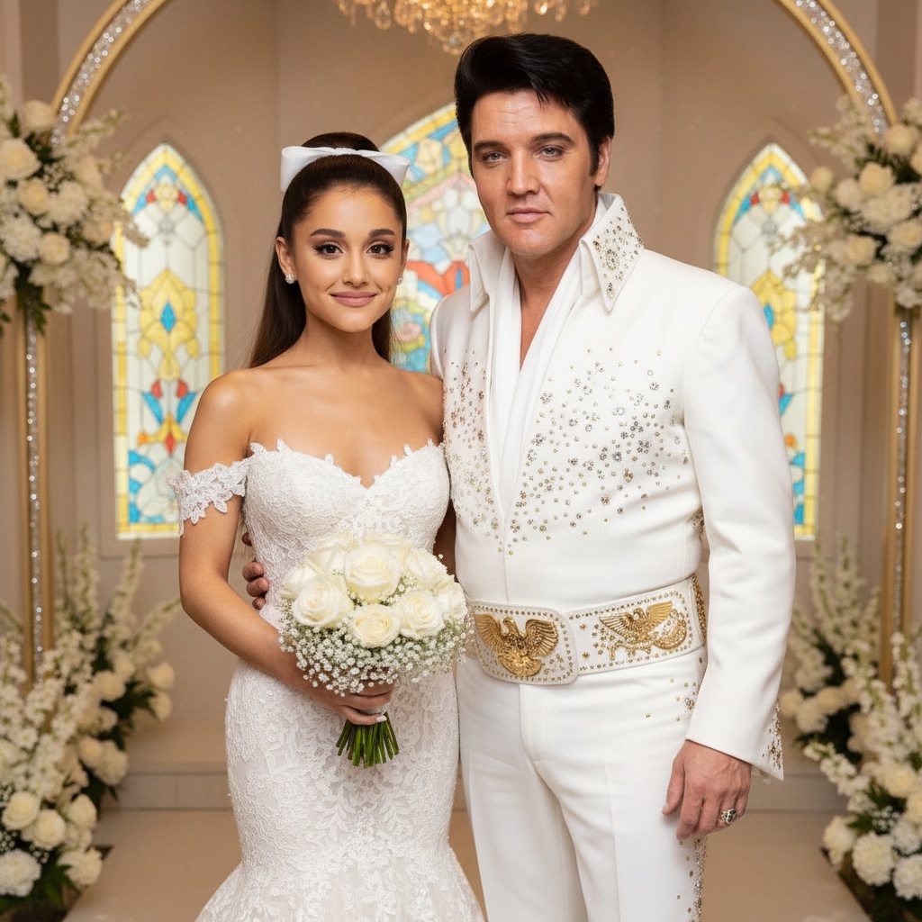 Ariana Grande and Elvis Presley during their imaginary wedding photo | Source: Grok AI