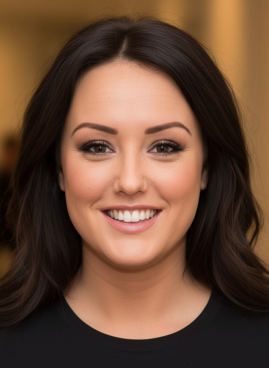 A natural-style rendering of Crosby at 35 without cosmetic procedures, revealing a fresh-faced glow, subtle features, and glossy brunette waves framing a radiant, relaxed smile. | Source: Grok