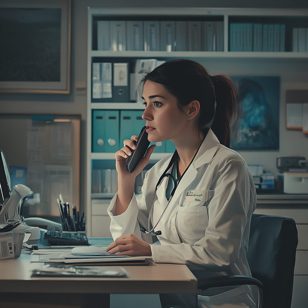 A concerned doctor talking on her phone | Source: Midjourney