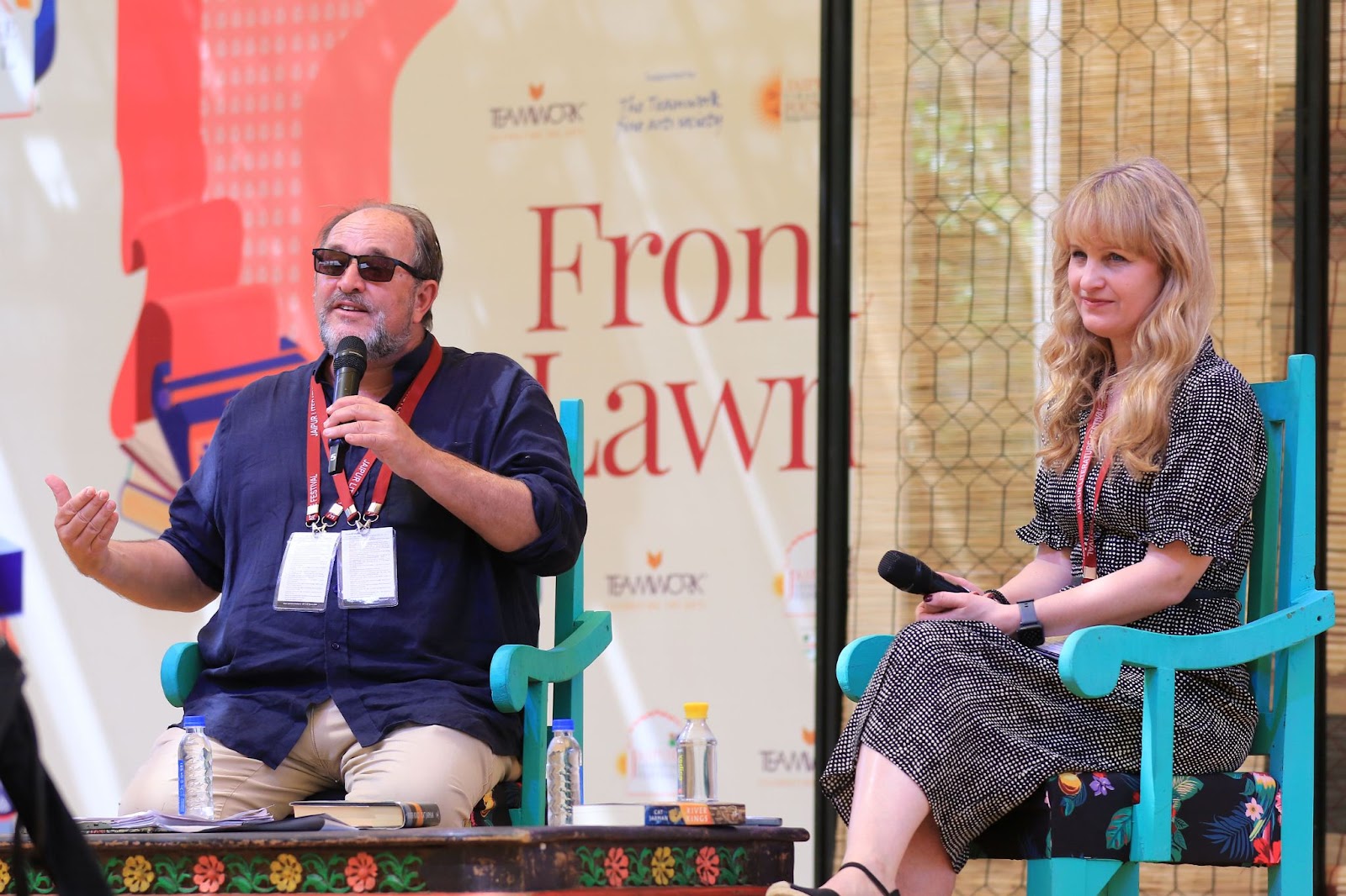 Cat Jarman in conversation with William Dalrymple at a session during the Jaipur Literature Festival 2022 in India. | Source: Getty Images