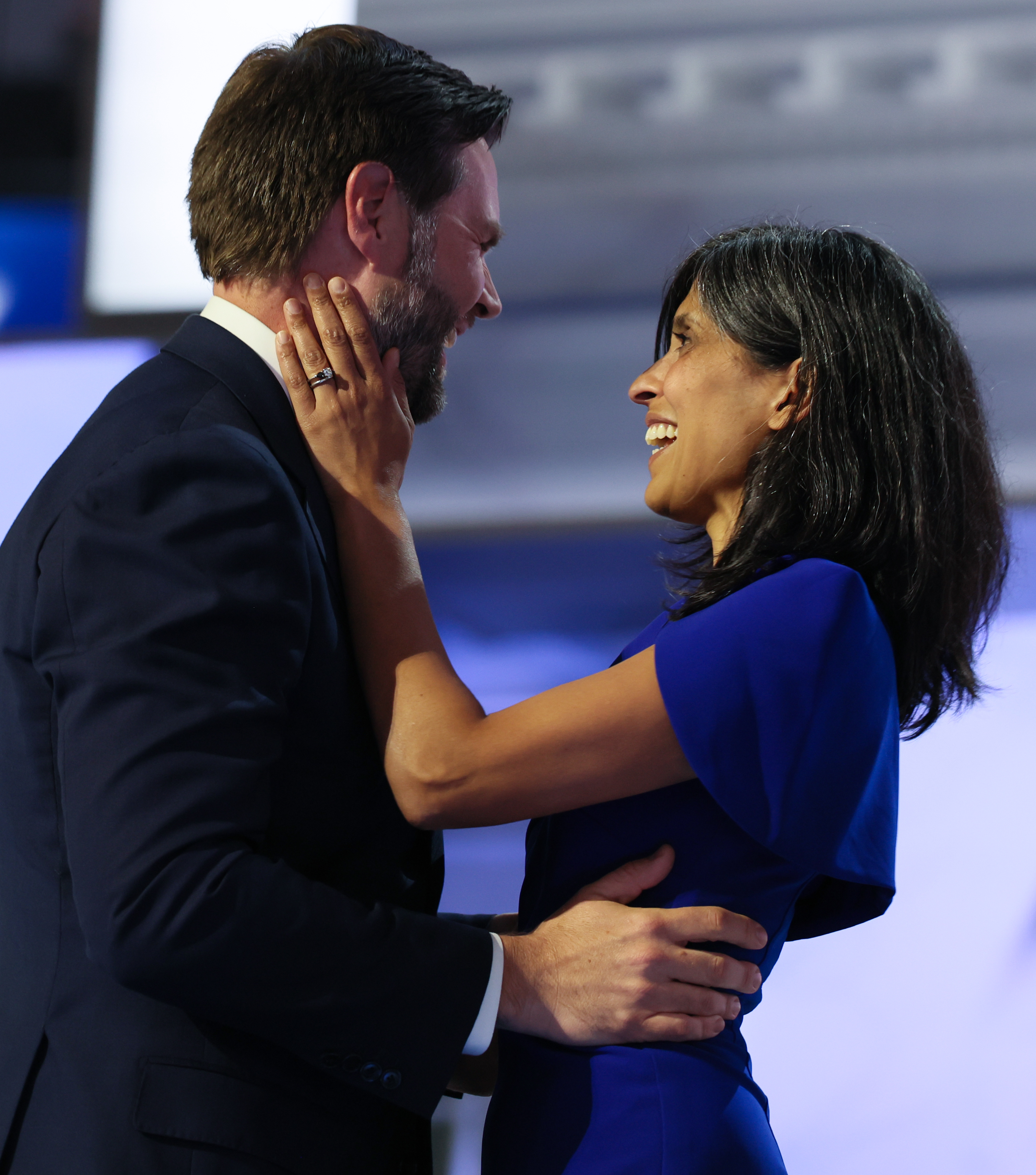 JD and Usha Vance sharing a tender moment during day three of the Republican National Convention in Milwaukee, Wisconsin on July 17, 2024. | Source: Getty Images