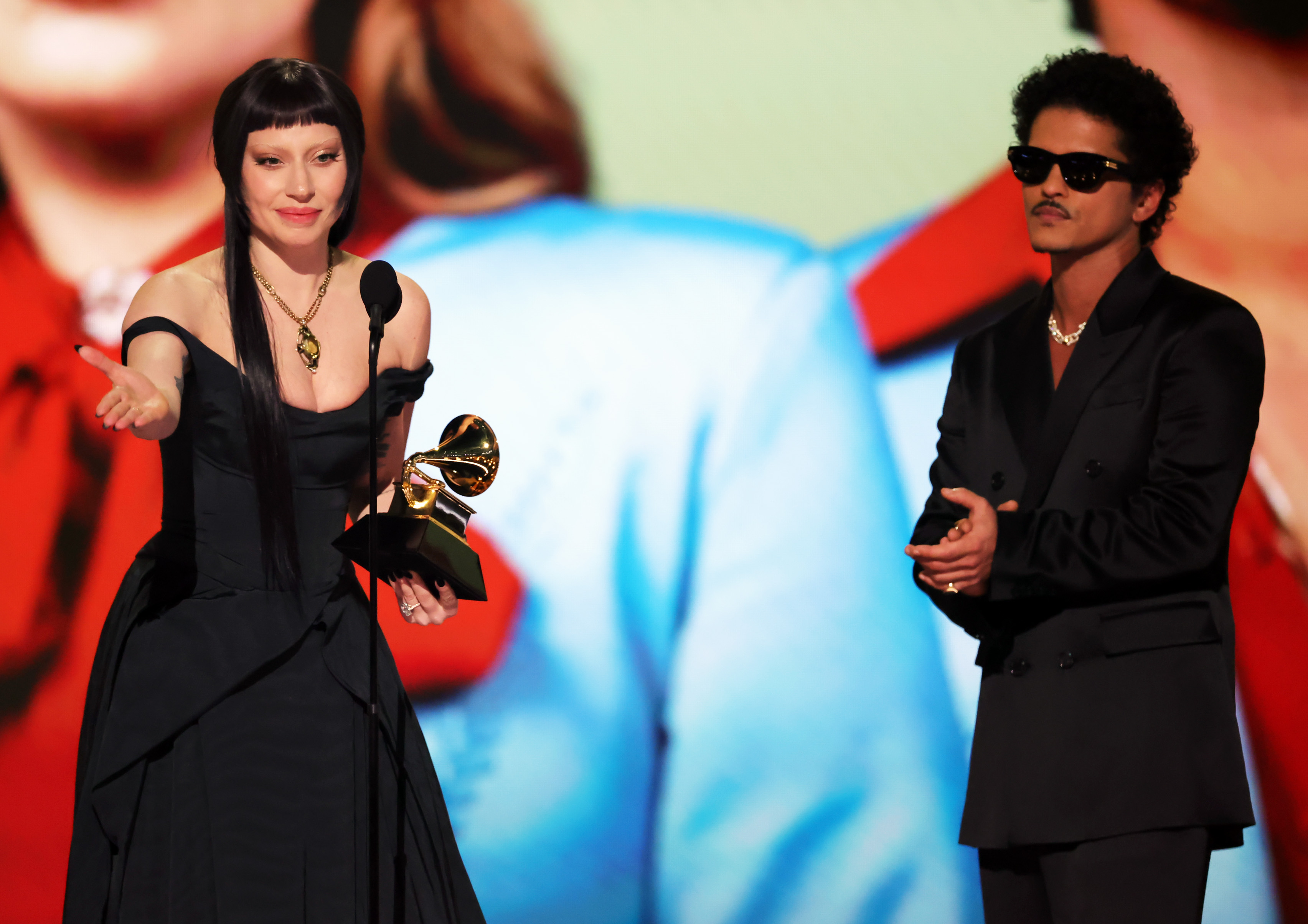 Lady Gaga and Bruno Mars accept the Best Pop Duo/Group Performance Award at the 67th Grammy Awards | Source: Getty Images