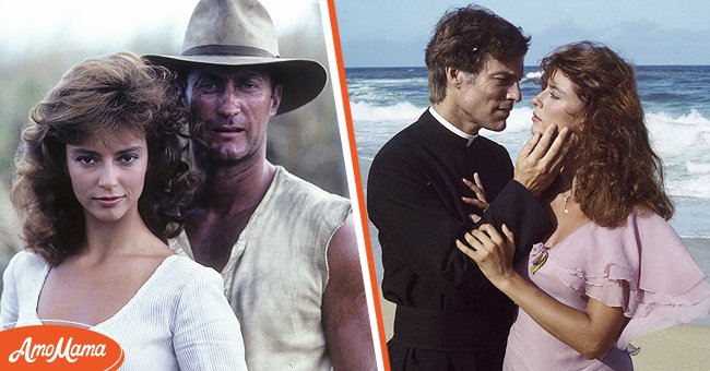 Rachel Ward and Bryan Brown on a scene in the 1983 TV miniseries "The Thorn Birds" [Left]  Ward and costar Richard Chamberlain on the set of the 80s series [Right] | Source: Getty Images