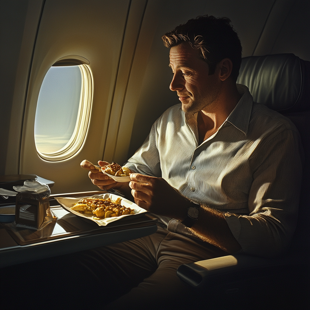 The man seated beside the woman enjoying a second serving of food | Source: Midjourney