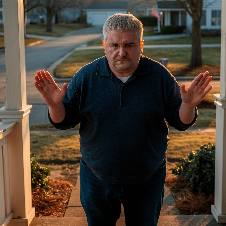 A man standing defiantly on a front porch | Source: Midjourney