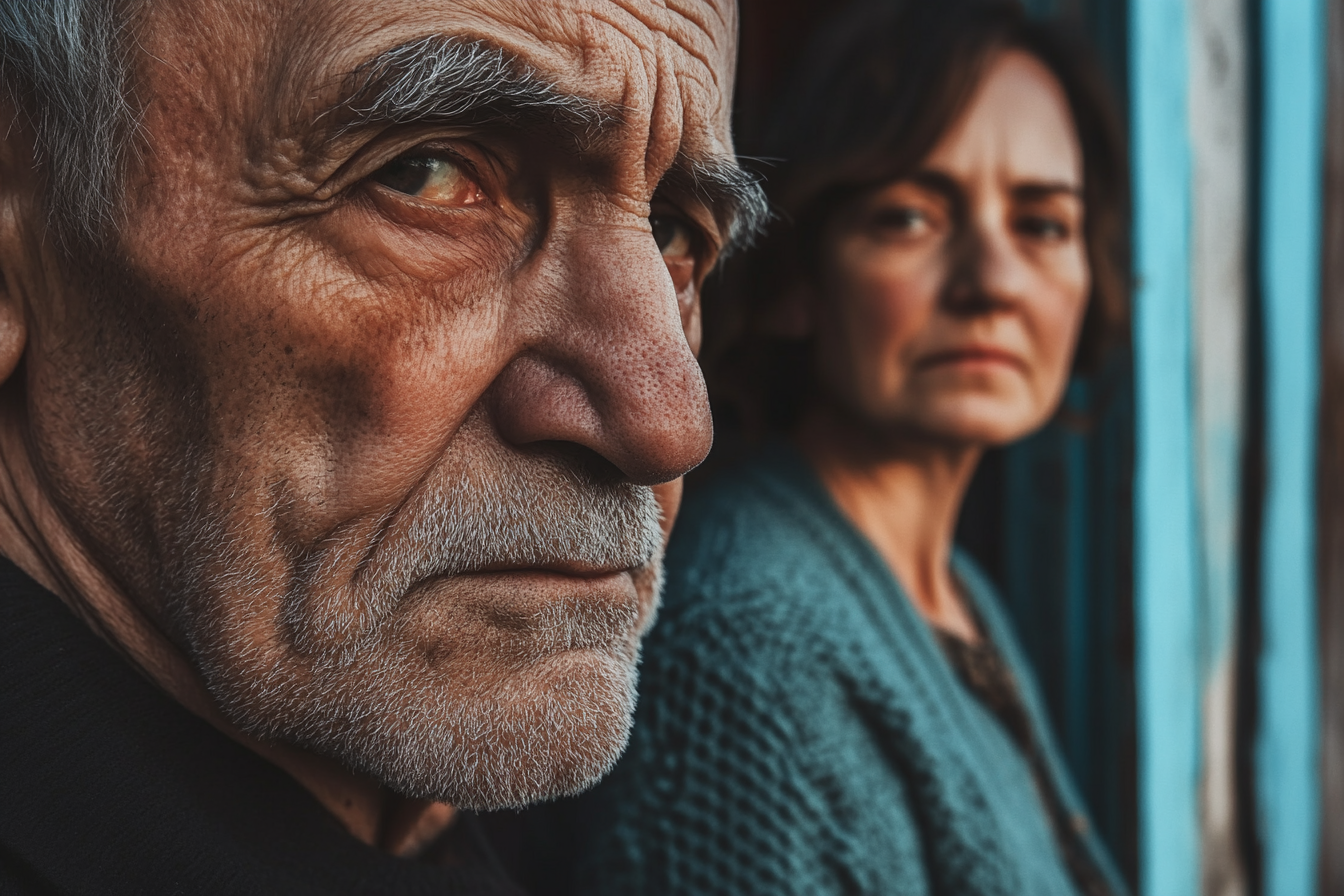 An older man and his wife standing outside their house | Source: Midjourney