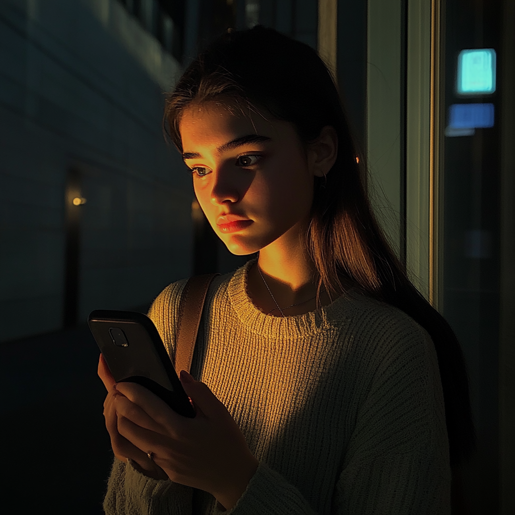 A teenager holding her phone | Source: Midjourney