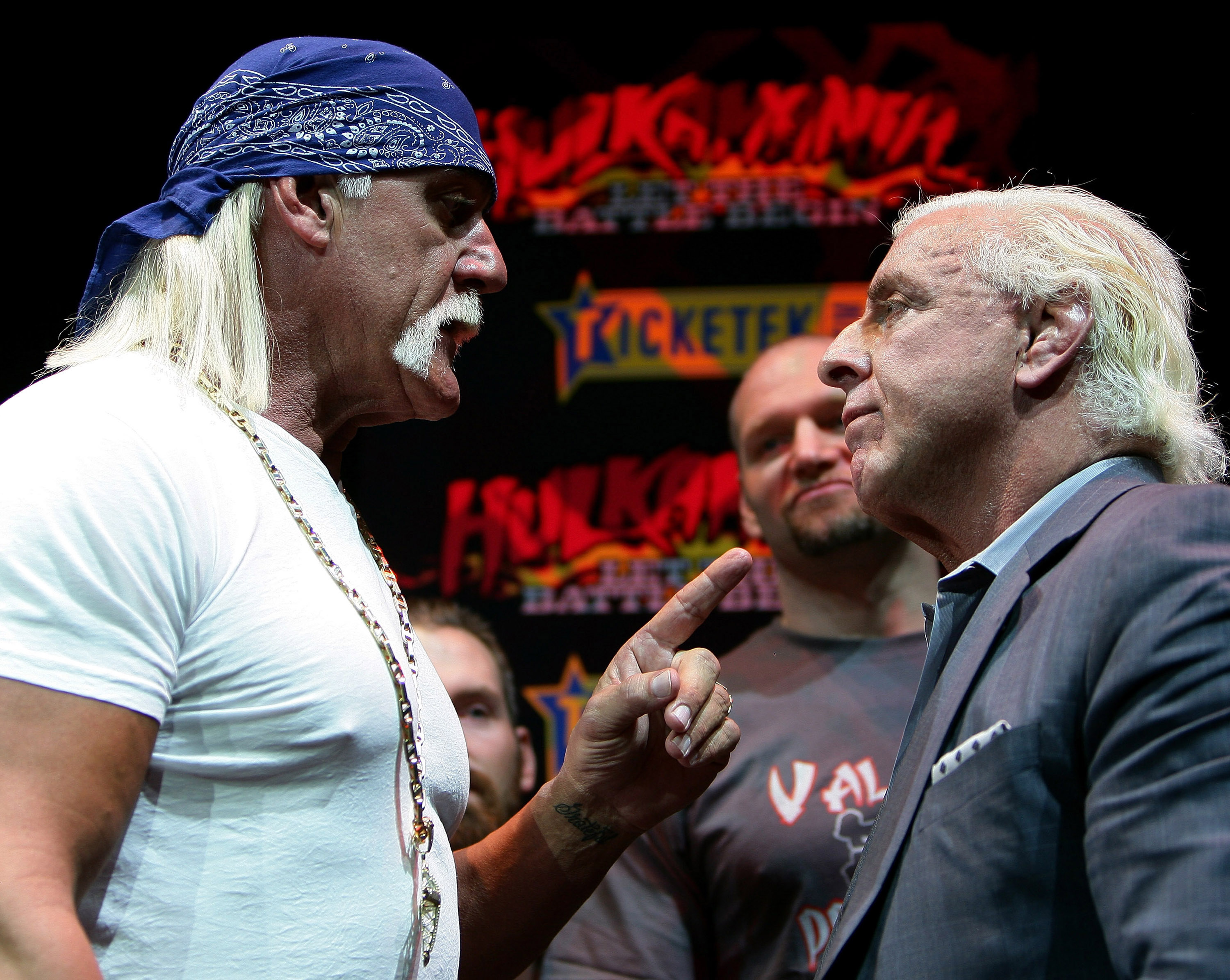 Hulk Hogan and Ric Flair become involved in an altercation during a press conference for 'Hulkamania - Let The Battle Begin' at Star City on November 18, 2009 in Sydney, Australia. | Source: Getty Images