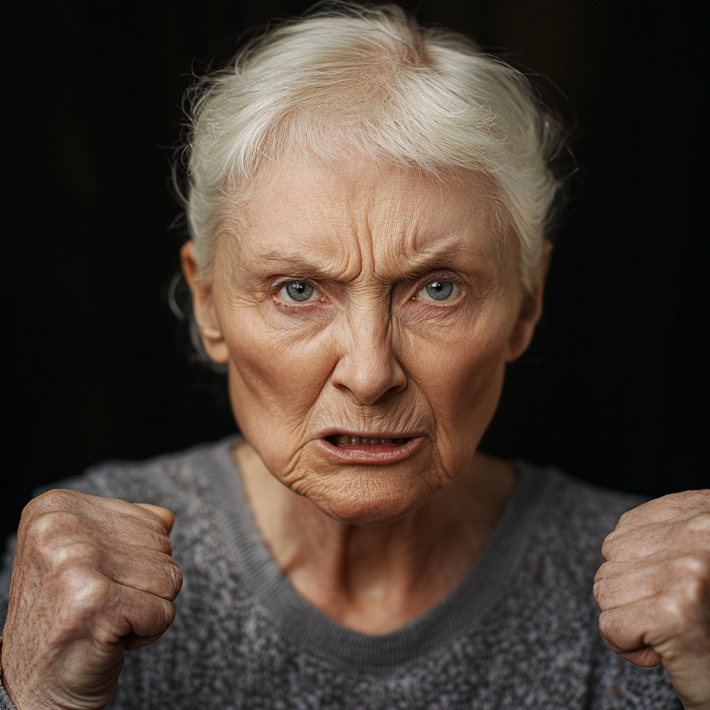 An angry senior woman in gray clothes | Source: Midjourney