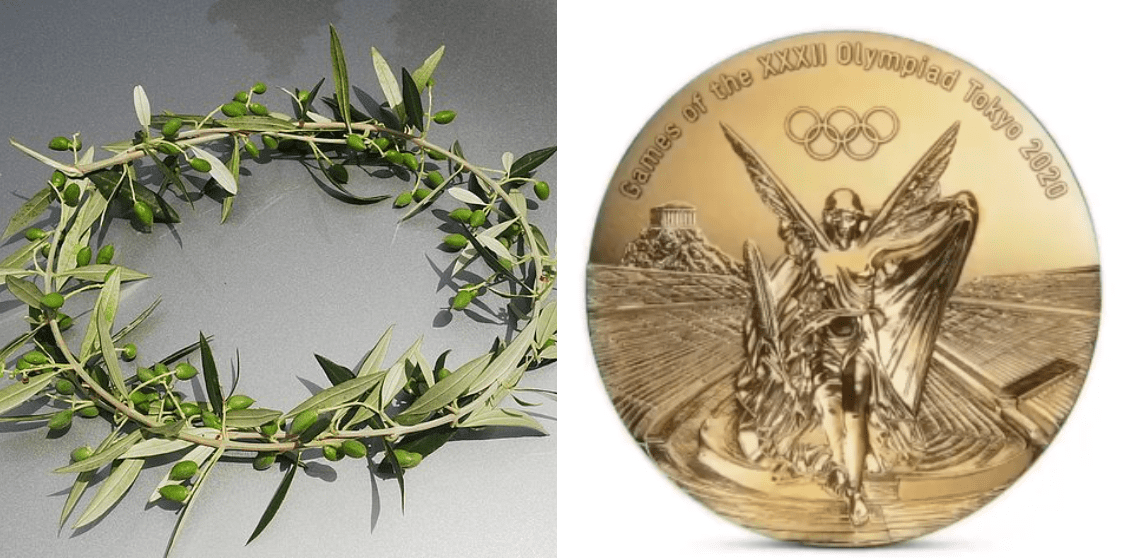 Photo of olive leaves crown and Tokyo 2020 Olympics gold medal | Source: Wikimedia Commons, Instagram/olympics