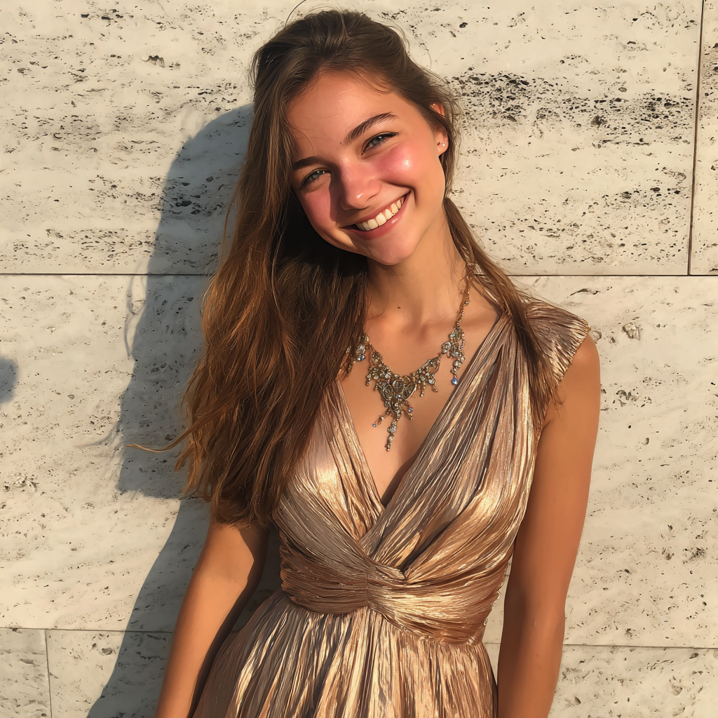 A smiling girl wearing a gold dress | Source: Midjourney
