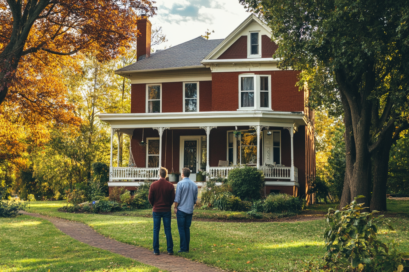 Two men standing outside a house | Source: Midjourney