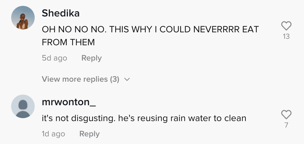 Commenters share their opinions about a food vendor who can be seen as he washes his rag in rainwater | Photo: TikTok/g2bbie